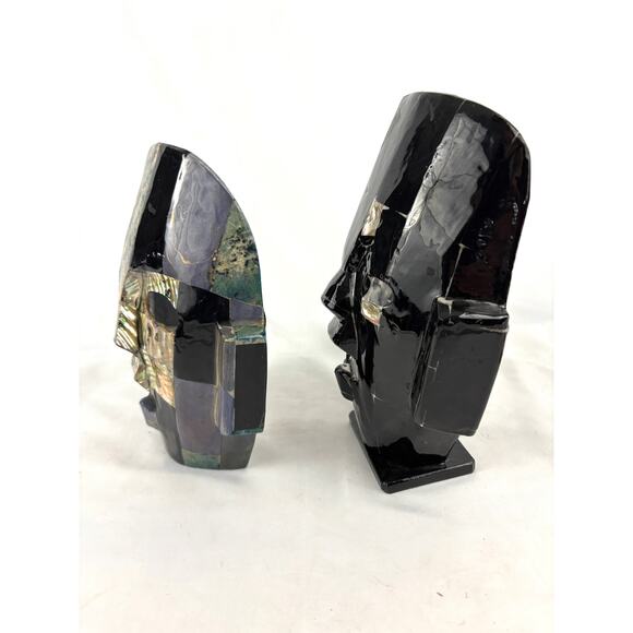 Vintage Pair Mexican Shell + Stone Mosaic Mask Folk Art Aztec Style Tessellated - Picture 6 of 14